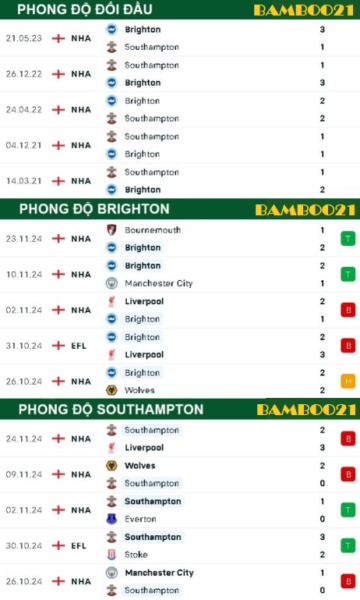 Phong độ thi đấu gần đây Brighton vs Southampton